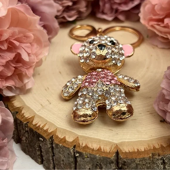 Pink and Silver Crystal Teddy Bear Keychain Charm - Picture 8 of 13